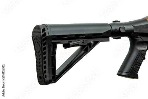 Εκτύπωση καμβά Close up of a black tactical telescopic buttstock isolated on white back