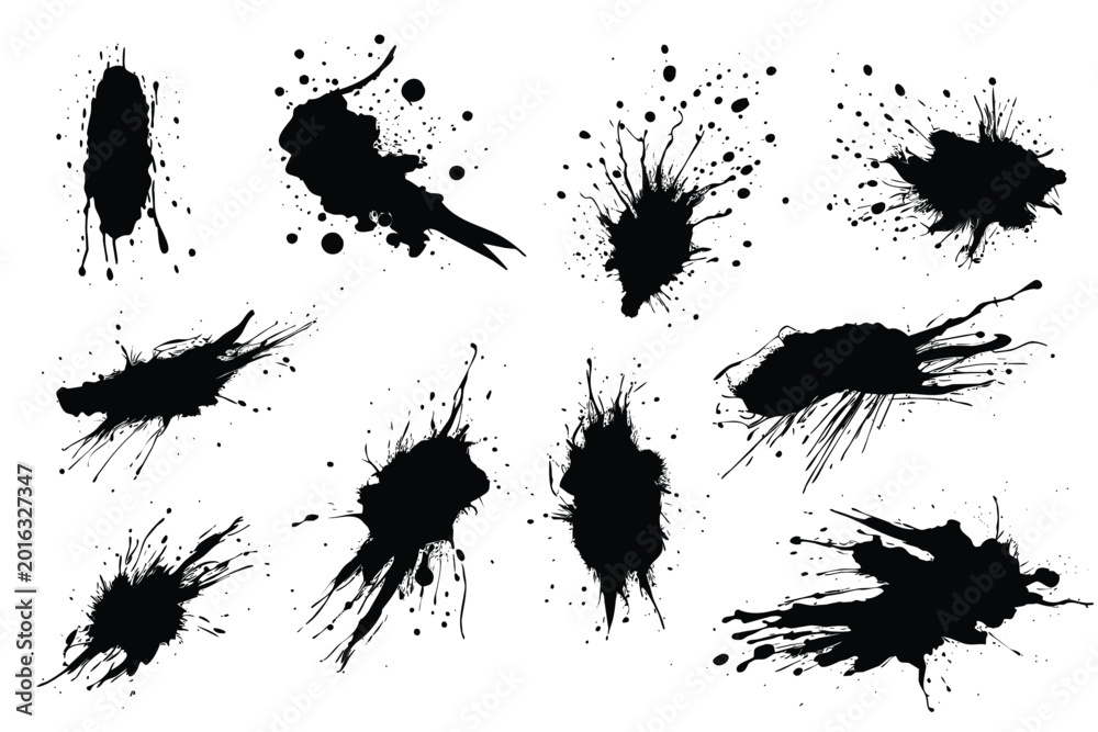 Fototapeta premium Ink splatters and paint drops on white background.