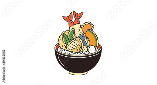 Delicious Japanese Tempura Donburi Bowl with Shrimp and Vegetables.