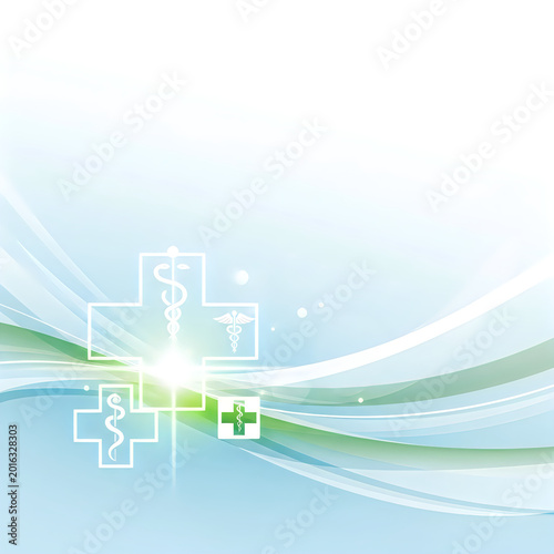 Modern medical abstract background with glowing caduceus and wavy design