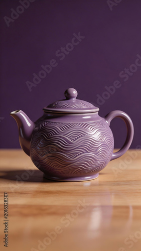 Purple ceramic teapot with wave pattern emphasizing subtle textures and elegant visual transitions