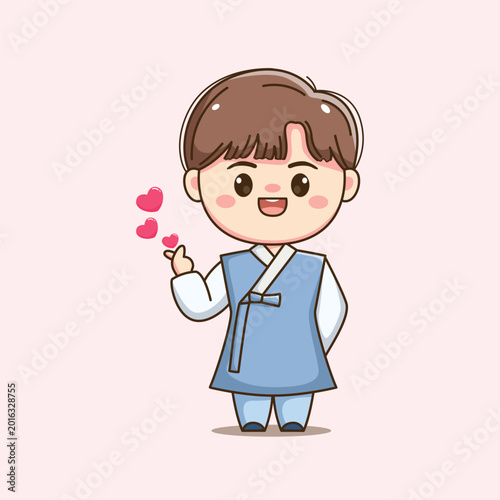 Cute Korean Boy Character Wearing Traditional Hanbok Cartoon Vector with Love Sign