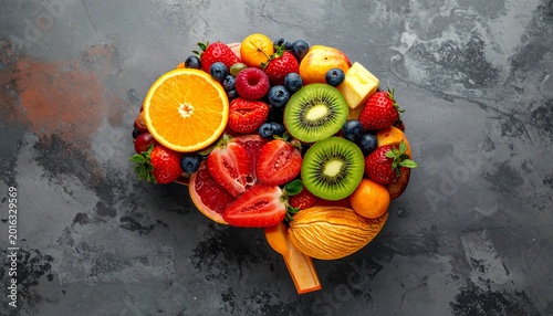 Brain with fruits, concept of healthy living and eating healthy food