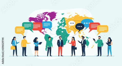 Professionals from around the world communicating with each other through speech bubbles in front of a world map.