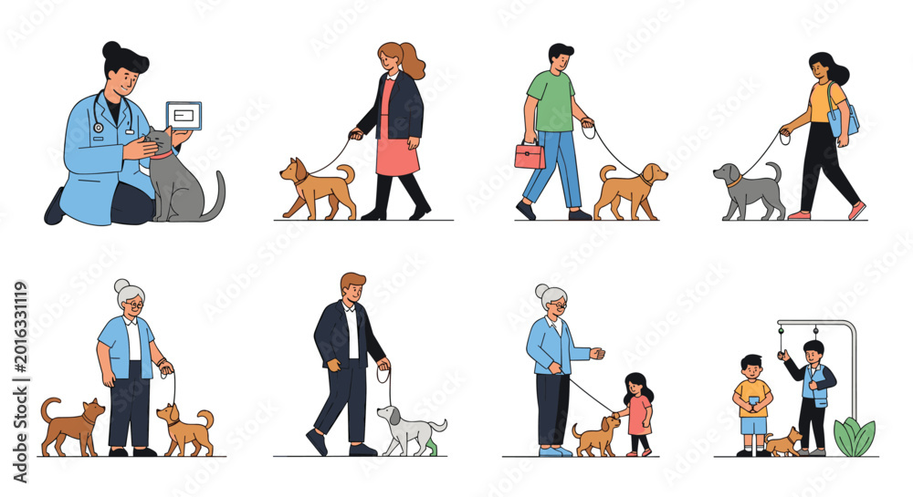 Fototapeta premium Collection of scenes showing people walking their dogs and a professional veterinarian providing care to a domestic grey cat.