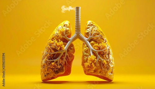 Human lungs isolated on yellow background. Medically Accurate Healthy Human Lungs Organ Respiratory System on Front View
