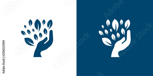 Canvastavla A stylized icon depicting a hand holding and nurturing several leaves, symbolizing nature, environmental protection, growth, and sustainable ecology concepts