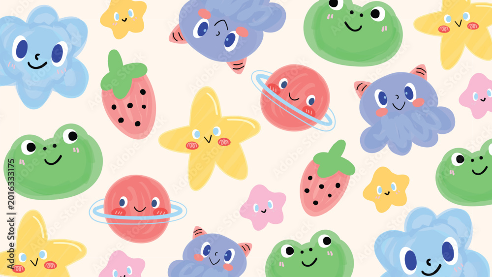 Fototapeta premium Cute pastel hand drawn space animal star seamless pattern vector. Design for kids fabric, nursery wallpaper, wrapping paper, baby textile, children stationery and playful cartoon background.