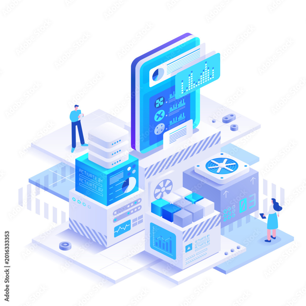 Fototapeta premium Futuristic infrastructure illustration for process mapping and monitoring model. Abstract technology concept in isometric style with intelligent grids, info screens and desk staff.
