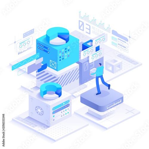 Futuristic infrastructure illustration for future services and database concept. Abstract technology concept in isometric style with functional layers, smart boards and work teams.