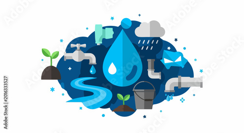 Water Conservation and Sustainability Flat Vector Illustration with Faucets, Plants, and Resource Management Icons