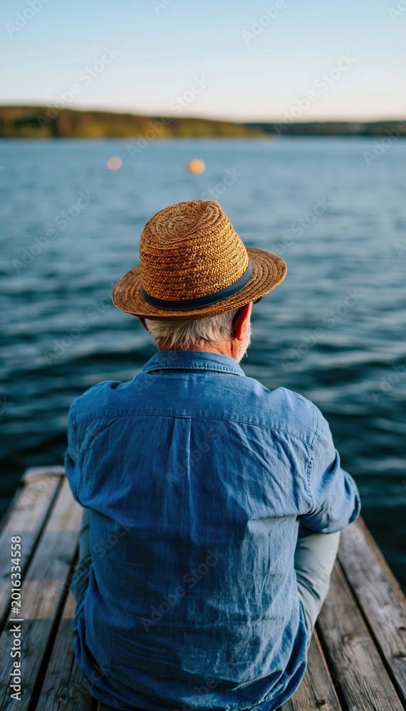 Fototapeta premium Senior man relaxing on dock overlooking tranquil lake in summer morning