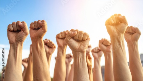 Peoples raised fist air fighting and sunlight effect, Competition, teamwork concept, background space for text.