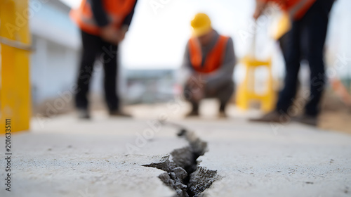 Serious Fault Line in Concrete with Construction Crew Inspect and Discuss Damage on Site, Danger, Infrastructure Problem, Focus on Crack