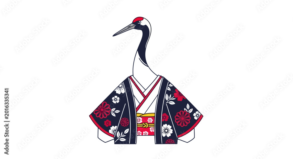 Fototapeta premium Elegant Japanese crane in traditional kimono illustration.