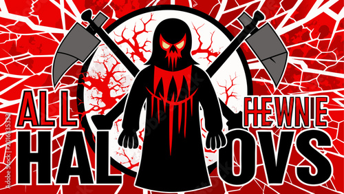 Foto Halloween zombie warrior holding bloody axe in dark horror scene
