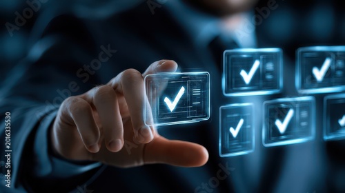 Business hand selecting five digital checkmark icons