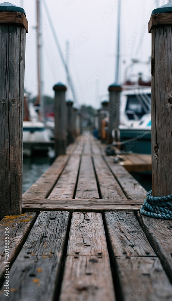 Obraz premium Wooden dock walkway leading to moored boats with overcast sky