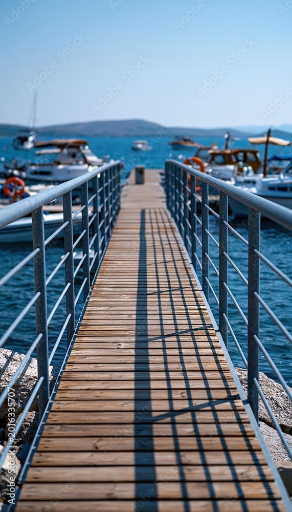 Fototapeta premium Marina dock walkway leading to boats on sunny coastal waterfront