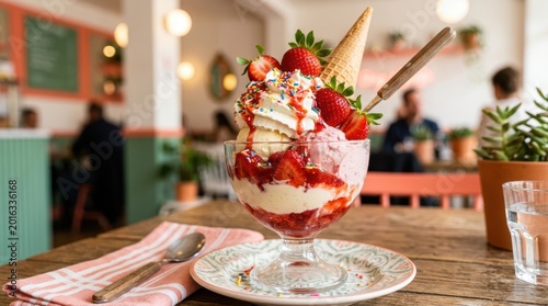 Delicious strawberry ice cream sundae with fresh fruit and sprinkles in a cafe