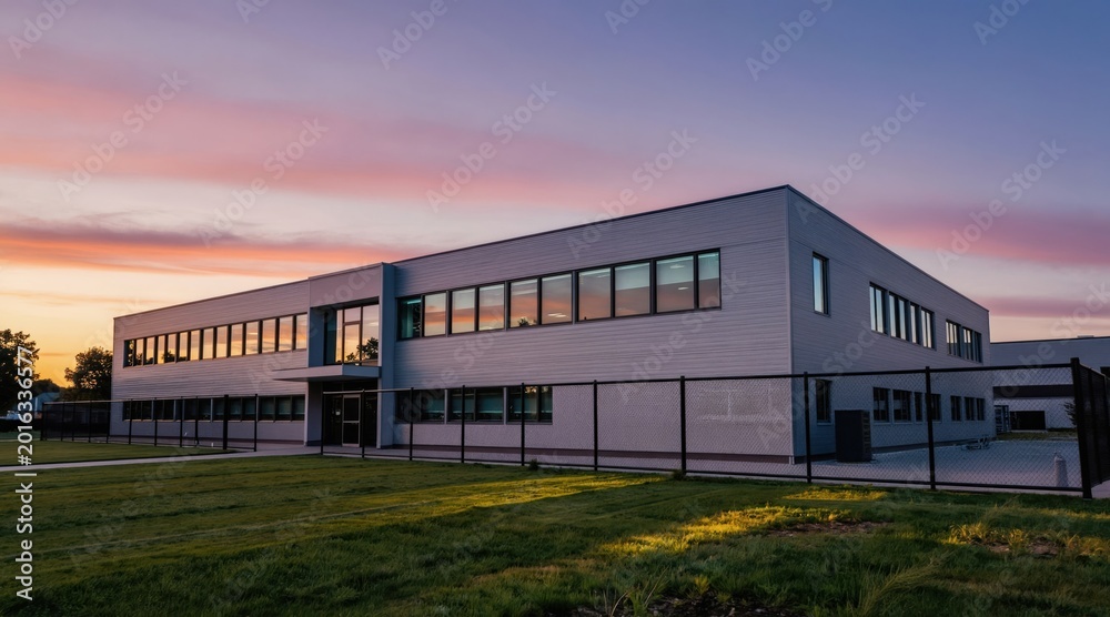 Obraz premium Modern office building with glass windows, metal siding stands against colorful sunset sky. Chain-link fence surrounds property, with well-kept lawn in front. Structure suggests corporate tech campus