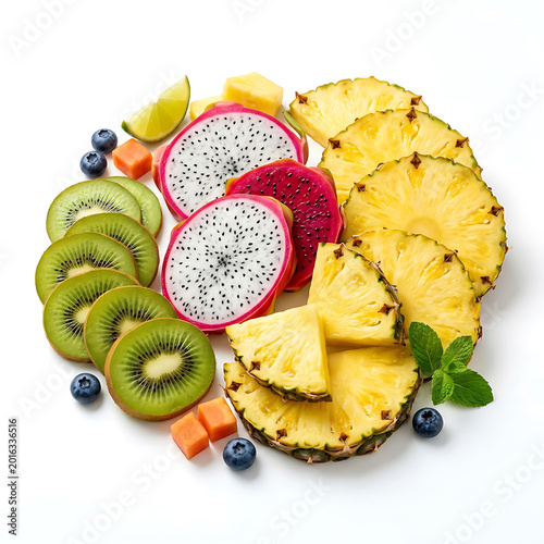 Exotic Tropical Fruit Salad with Dragon Fruit Kiwi Pineapple and Blueberries on White