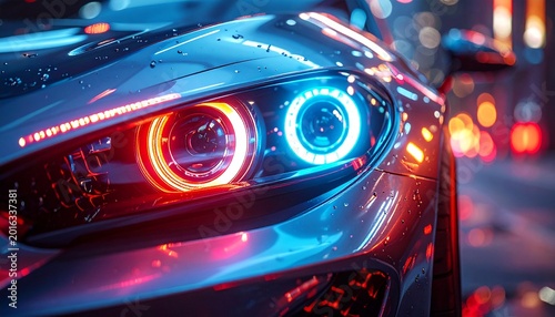 Ultra-realistic close-up of a futuristic supercar LED headlight, glowing LEDs, macro shot, cinematic lighting, photorealistic.