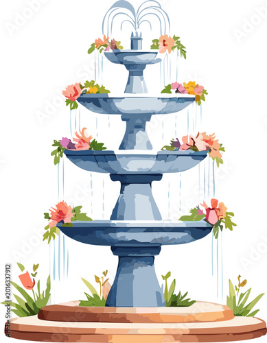 Elegant Tiered Fountain with Floral Accents, Water Flowing Gracefully, Garden Decor, Summer Ambiance