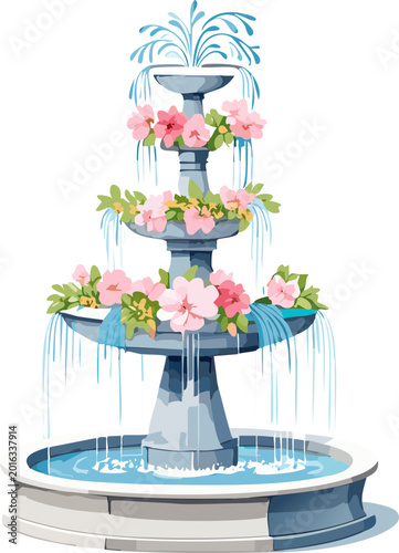 Elegant Tiered Garden Fountain Adorned with Pink Flowers and Cascading Water