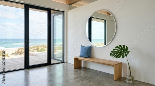 Modern beach house interior with ocean view and minimalist decor
