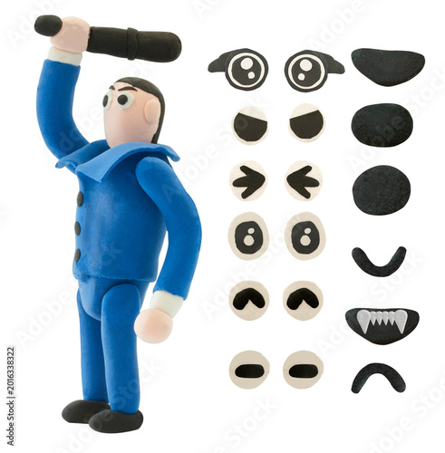Handmade clay police officer character saluting, isolated on white background, representing respect, duty, and authority in a playful style.