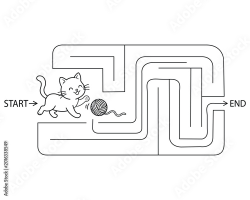 Slika na platnu Cute Cat Maze Game for Kids – Cartoon Coloring Book Vector Illustration