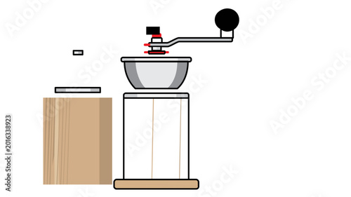 Vintage manual hand coffee grinder featuring editable stroke vector icon illustration. Colorful line art design for barista tools with customizable stroke weight for professional graphic design.