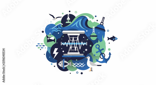 Marine Science and Ocean Energy Illustration - Stylized Flat Design Graphic with Waves, Sea Life, and Technological Data Monitoring Concept