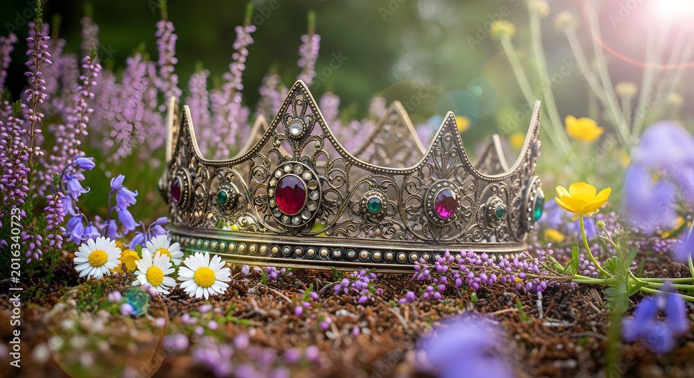 Obraz premium Ornate jeweled crown resting on the forest floor.