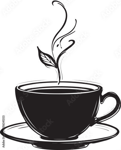 Minimalist continuous line art of a steaming tea cup with a leaf for International Tea Day.