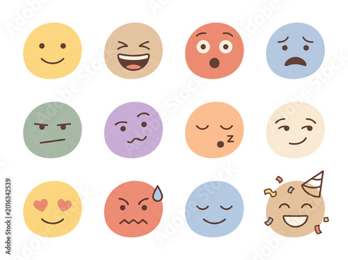 Photos Colorful emoji face PNG clipart set with mixed moods reactions and social icons