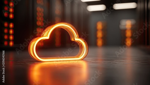 Glowing orange cloud symbol on server room floor, data center ambiance