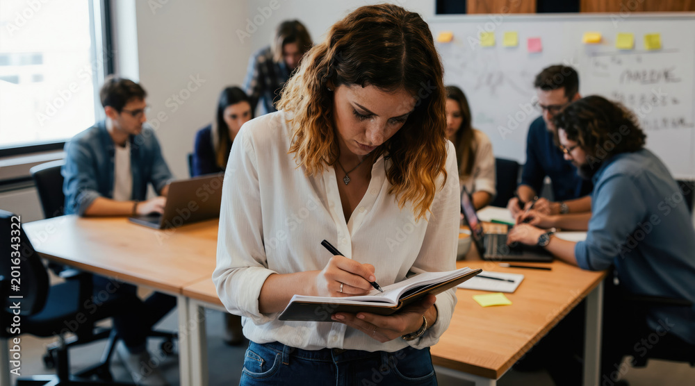 Fototapeta premium Young woman takes notes in meeting. Diverse team works in modern office, uses laptops and whiteboard. Collaboration fuels innovation and project planning.