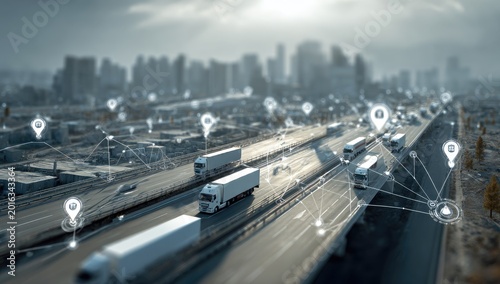 Futuristic highway with autonomous trucks and glowing data connections