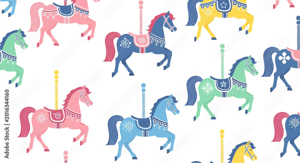 Fototapeta premium seamless pattern of colorful carousel horses on a white background