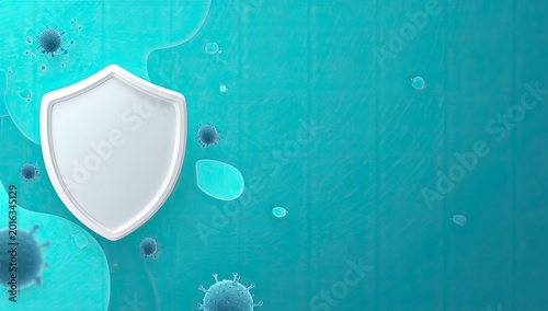 White Shield Protecting Against Viruses and Bacteria on Blue Background.
