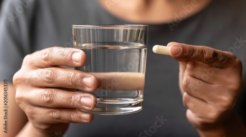 Close-up of person holding white capsule pill and glass of clear water