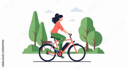 Young Woman Riding an Electric E-bike in a City Park Flat Vector Illustration