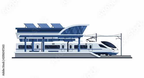 Modern High-Speed Electric Train at Sustainable Railway Station with Solar Panels, Flat Vector Illustration of Green Transportation and Future Commuting