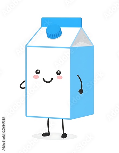 A smiling cartoon milk carton with a blue cap and rosy cheeks