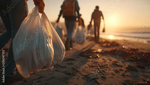 People collecting trash in bags on a beach at sunset
