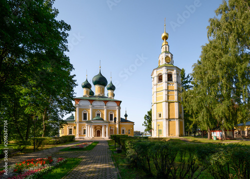 Alley leading to the Transfiguration Cathedral and bell tower of 18th century in the town of Uglich