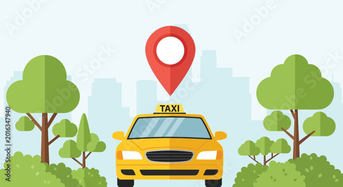 Foto Yellow taxi car with location pin icon in city park background representing urban transportation service and mobile app based ride hailing flat vector style