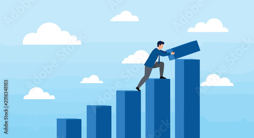 Obraz na płótnie Businessman building bar chart for financial success and career growth representing corporate progress and strategy achievement in blue sky clouds background